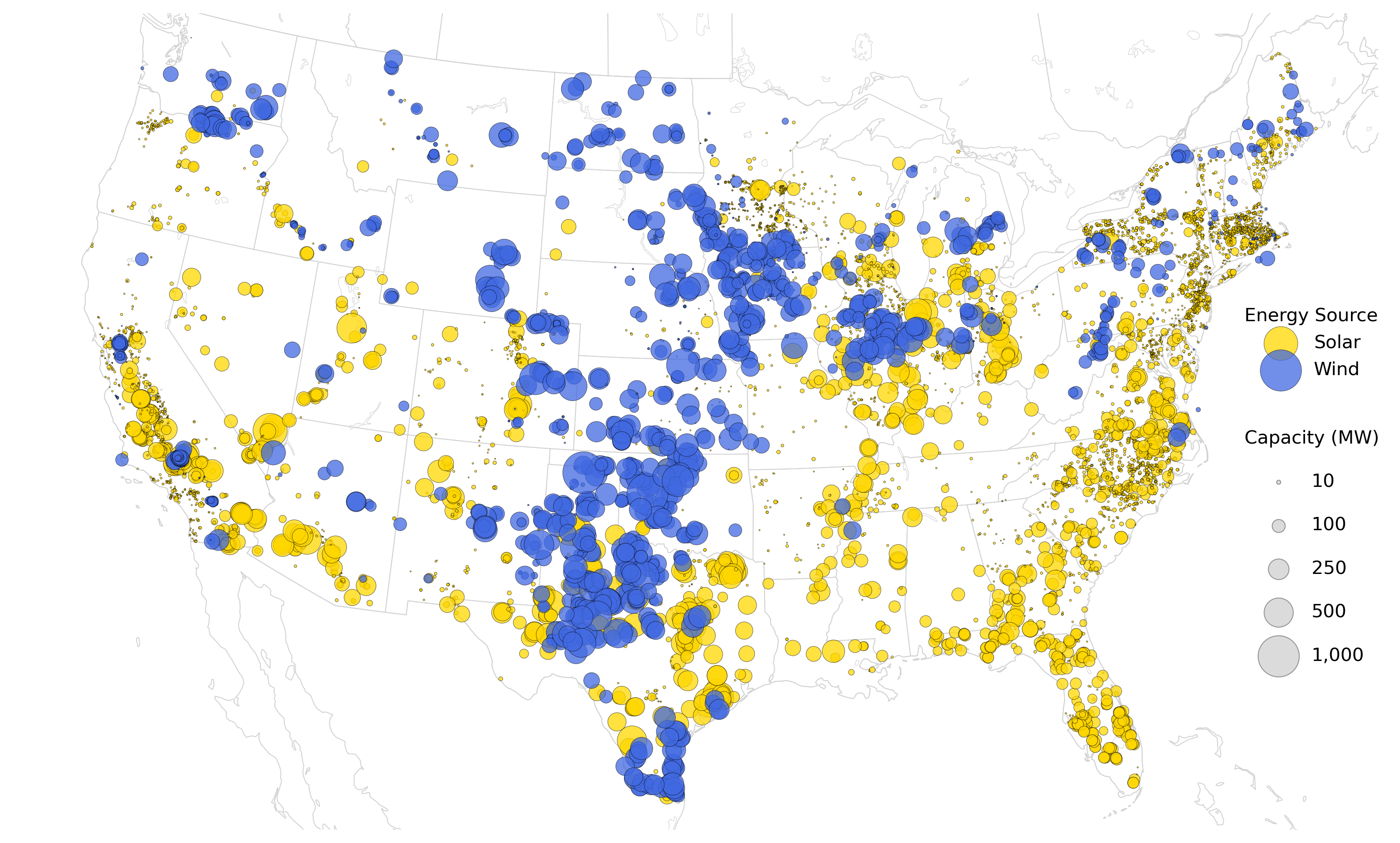 Solar and wind sites across the U.S.